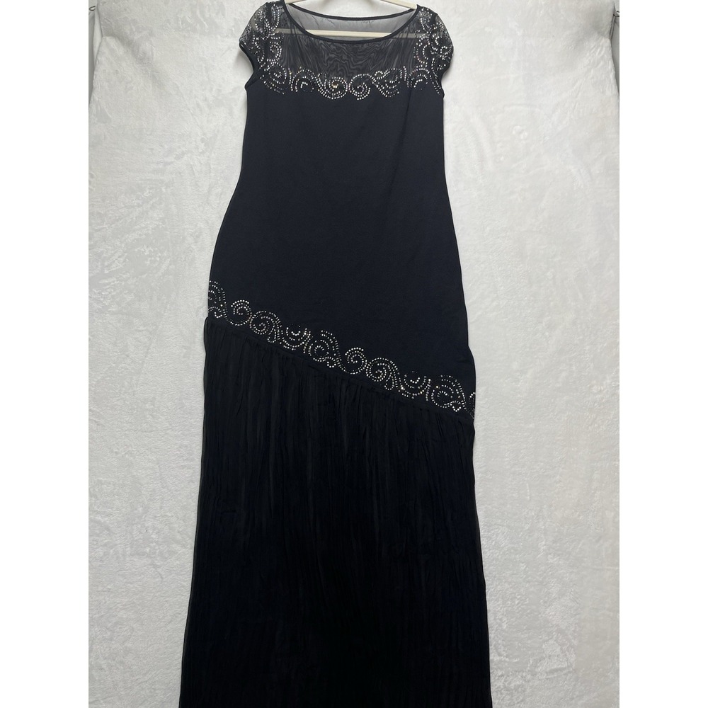 St John‎ Evenings Maxi Dress Womens 16 Mesh Back Sheer Pleated Skirt Rhinestone
